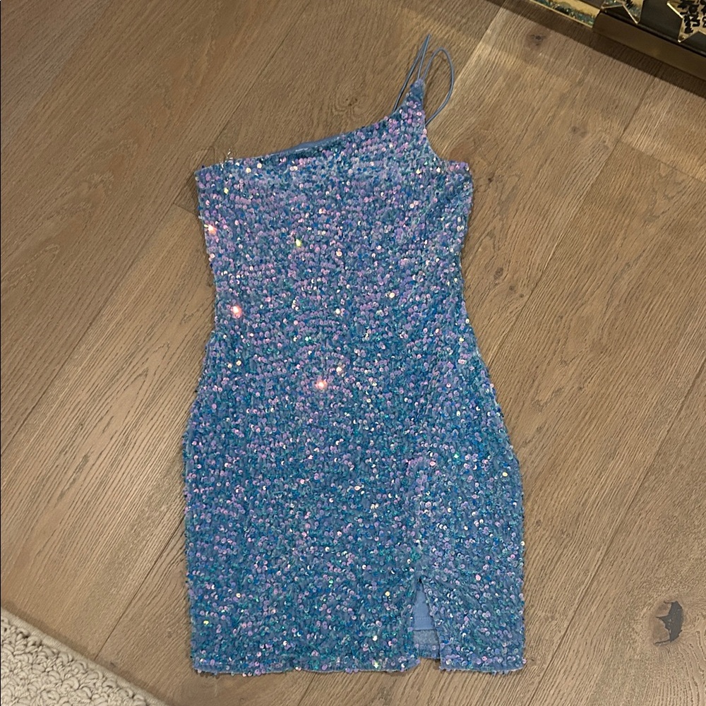 Sequin One-Shoulder Mini Dress - Blue